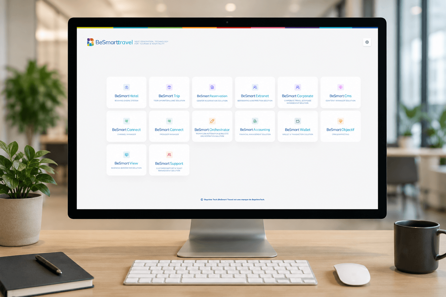 The BeSmartTravel platform showing its fourteen modules on a desktop screen